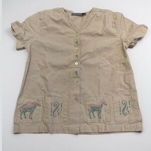 JANE ASHLEY PETITE Vintage Zebra Embroidered Blouse Size Petite Small